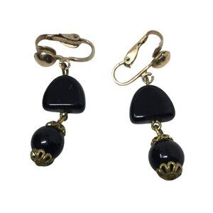 Women's Vintage Black and Gold Tone Dangle Clip on Earrings
